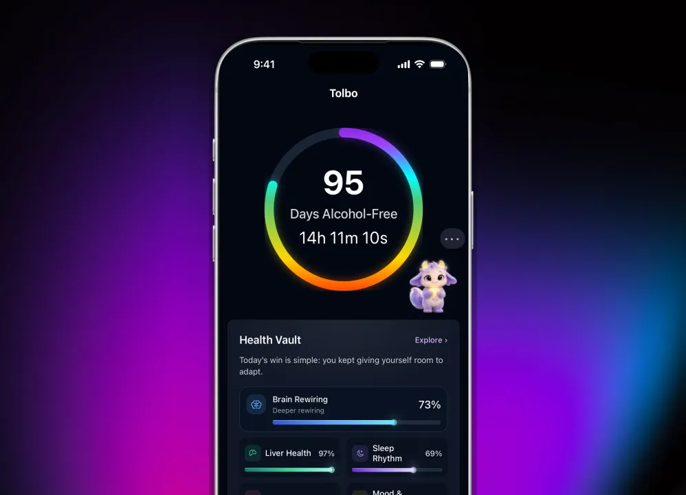 Tolbo sobriety streak and Health Vault screen