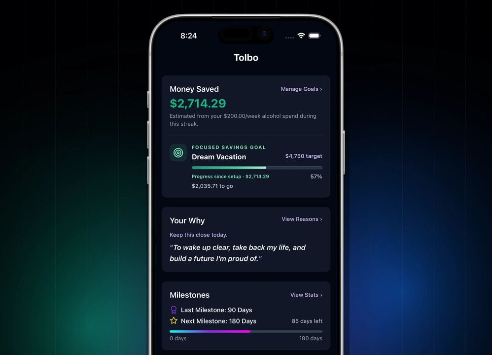 Tolbo Money Saved and focused Savings Goal screen